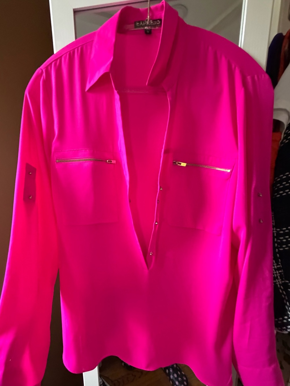 Express Hot Pink Button-Front Blouse with Gold Zips, NWOT, L